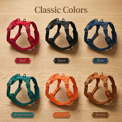 Classic color adjustable pet harness options including red, black, blue, army green, orange, and brown to match any dog's personality.
