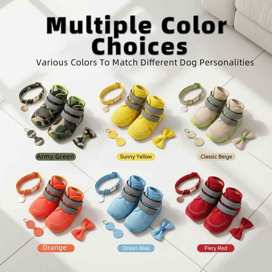 Collection of mesh dog shoes in red blue yellow green and beige colors