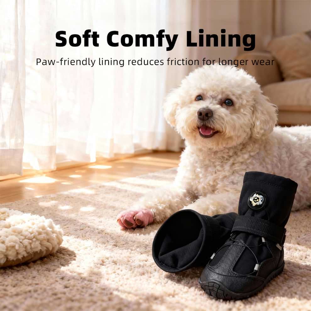 Soft and breathable lining inside comfortable dog booties designed to reduce friction and keep paws dry.