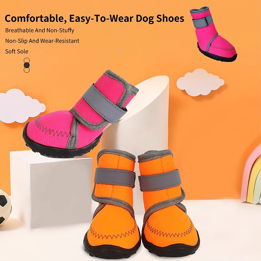 Comfortable dog shoes in rose red and orange featuring a soft sole and breathable fabric for daily wear.