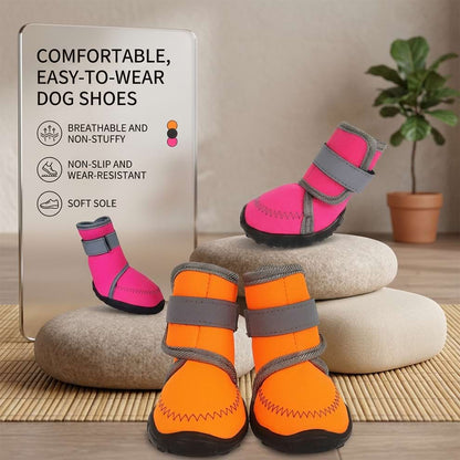 Comfortable, easy-to-wear dog shoes in pink and orange, designed with breathable, non-stuffy materials and a soft, non-slip sole.