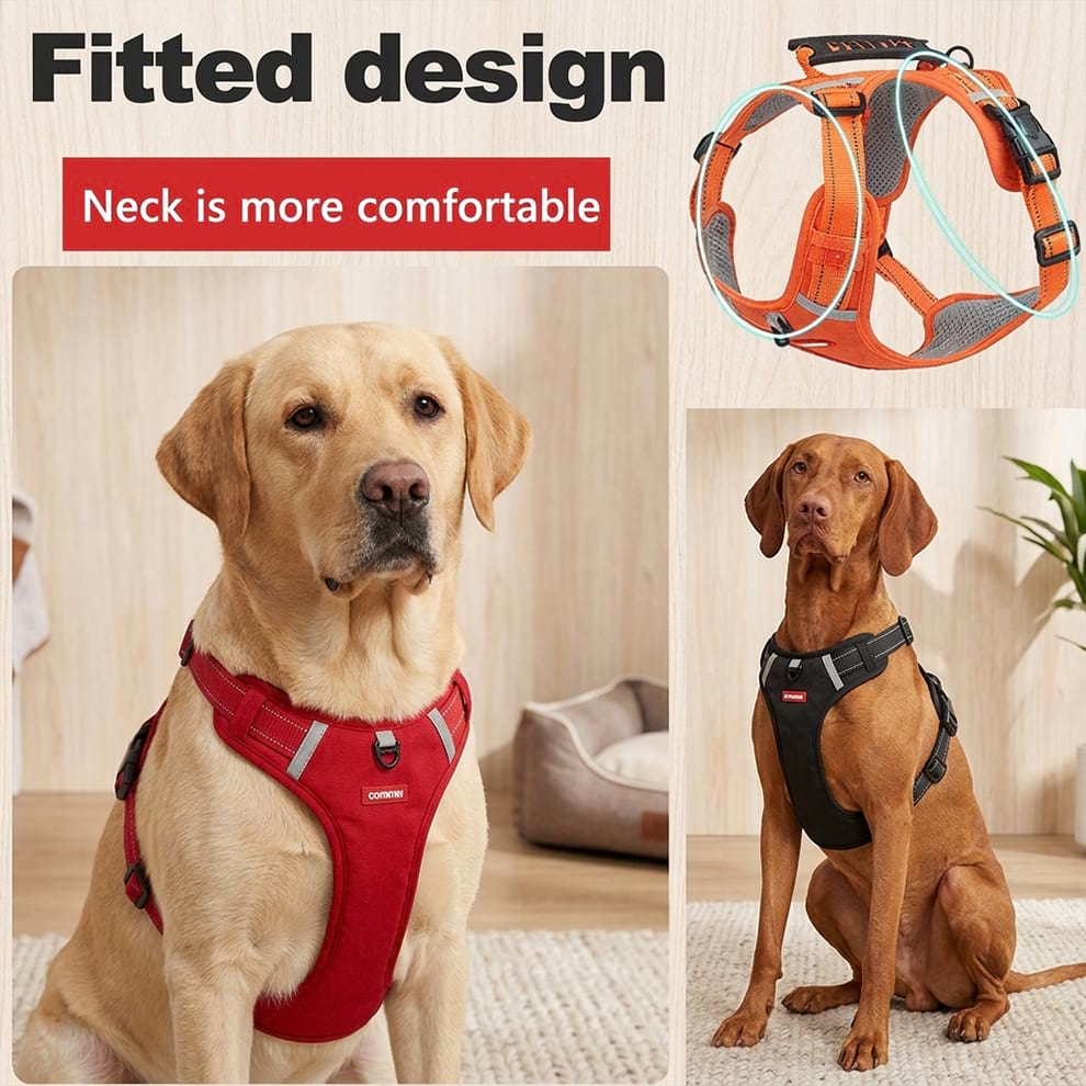 Comfortable fitted dog harness with an ergonomic neck design that prevents choking, perfect for active breeds like Labradors and Vizslas.