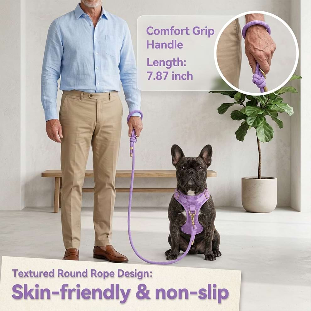 Comfortable handle dog leash featuring a 7.87-inch textured round rope design that is skin-friendly, hypoallergenic, and non-slip.