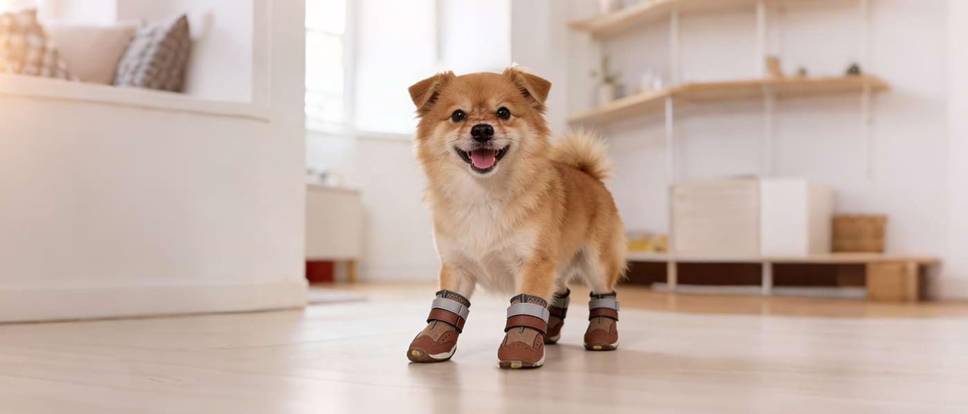 Fluffy Pomeranian wearing Brown Indoor Dog Shoes, featuring a lightweight design that provides comfort and paw protection for small breeds.