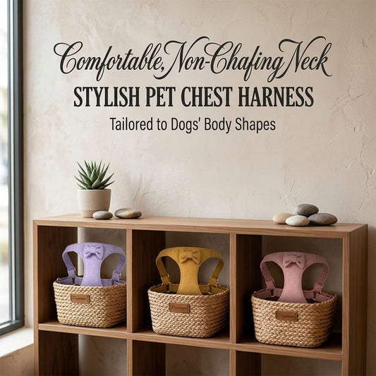 Comfortable small dog harness in purple, yellow, and pink, designed with a non-chafing neck to perfectly fit your pet's body shape.