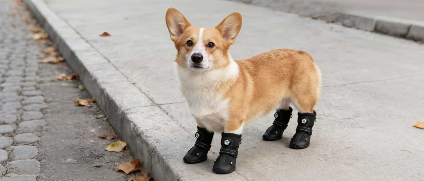 Corgi standing on a concrete street wearing sleek black dog shoes that offer protection and a secure fit.