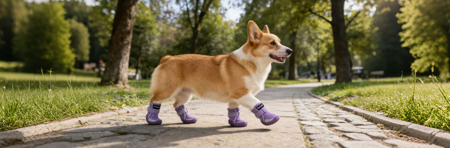 Corgi walking on a paved park path wearing purple Dog Shoes that protect paws from hot pavement and rough surfaces during daily walks.