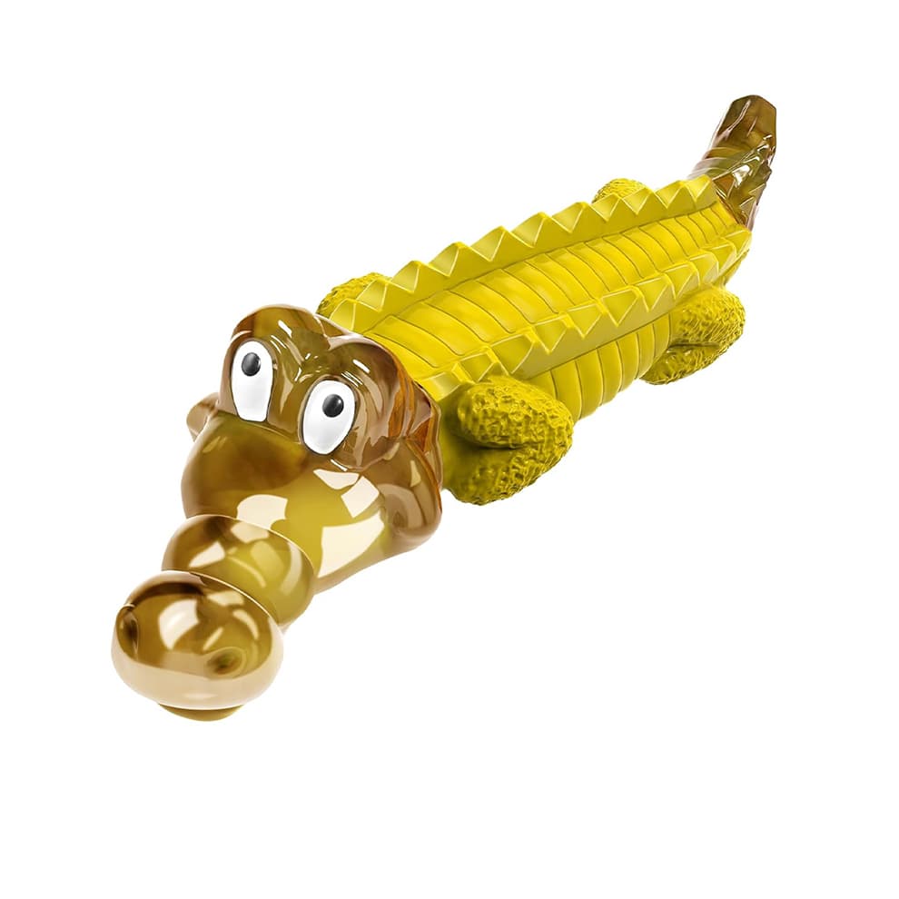 Crocodile dog toy for heavy chewers in yellow, combining hard nylon and safe rubber to satisfy natural chewing instincts.