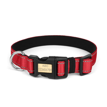 Custom engraved dog collar in classic red, designed with a durable laser-engravable nameplate to prevent your dog from getting lost.