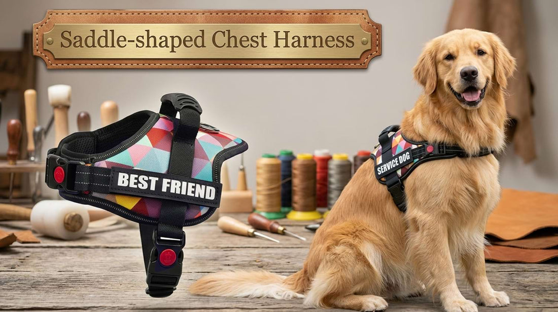 Saddle-shaped chest harness highlighting the detachable Velcro system, allowing owners to easily switch between SERVICE DOG and BEST FRIEND patches.