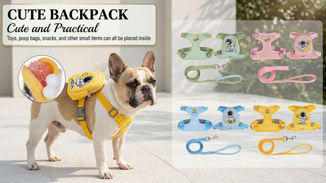 Cute dog backpack harness color options including yellow, green, pink, and blue, each featuring a unique space explorer embroidery.