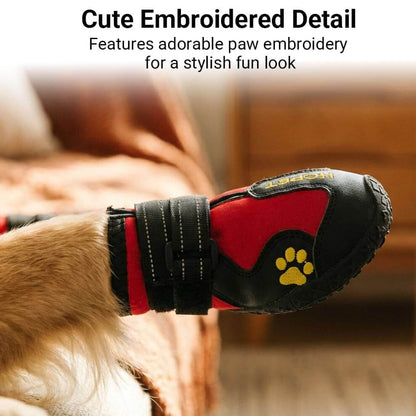 Stylish dog boots featuring adorable paw embroidery detail on the side for a fun and unique look.