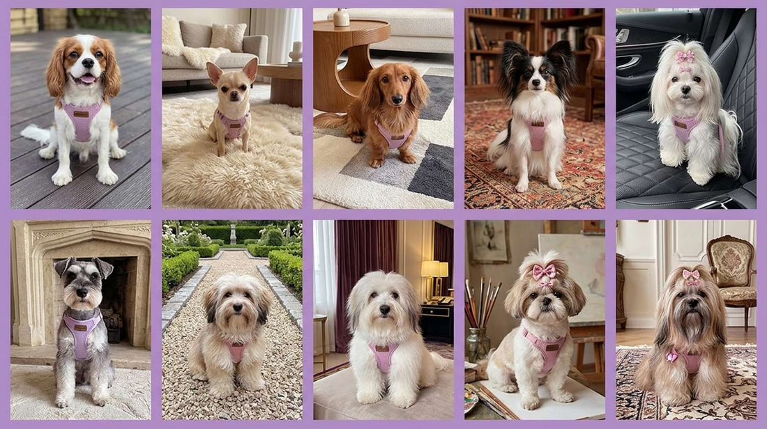 Cute dog harness with bow worn by various small breeds, showcasing the stylish and comfortable fit for everyday pet adventures.