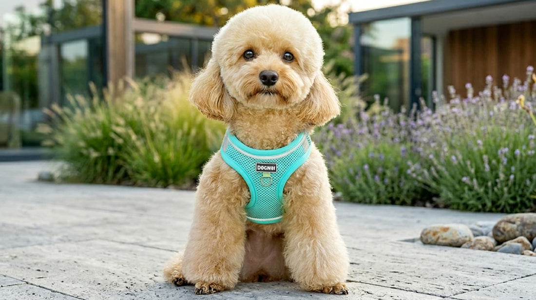 Cute Poodle wearing the mint green breathable dog harness outdoors, showcasing a non-constricting fit that allows for easy dog walks.
