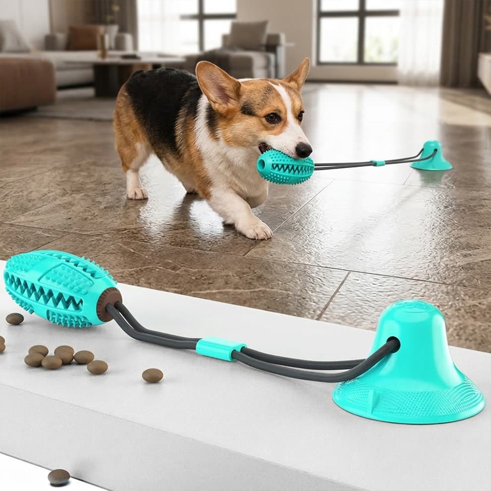 Cyan dog food dispenser toy resting on a rug, designed with a hollow center to hide treats and stimulate your pet's natural foraging instincts.