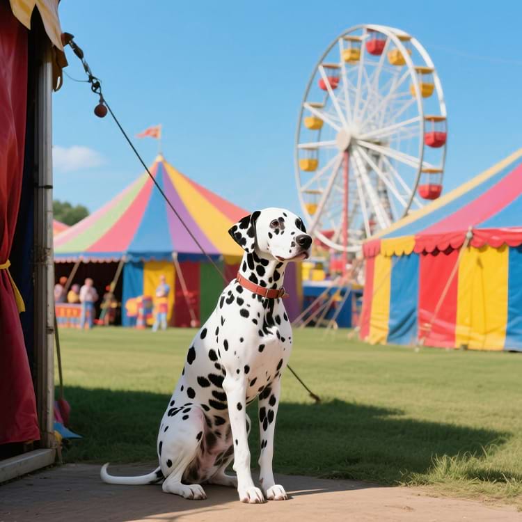 Dalmatian sitting proudly in front of colorful carnival tents.