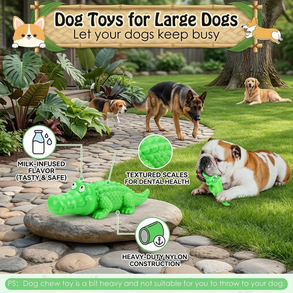 Dental health crocodile dog toy featuring a milk-infused flavor, textured scales, and heavy-duty construction for outdoor play.