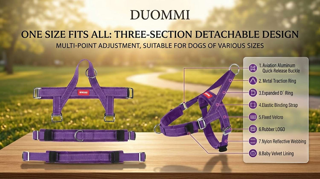 Detailed breakdown of the one size fits all detachable dog harness, highlighting the expanded D-ring, elastic binding strap, and fixed Velcro.