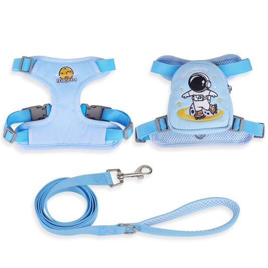 Blue dog backpack harness with cartoon astronaut backpack and leash