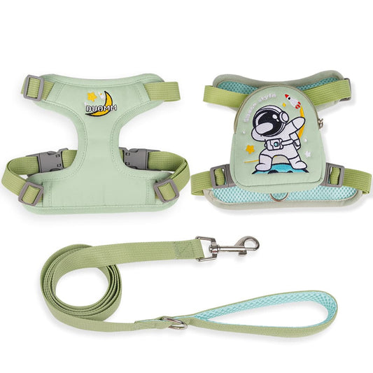 Green dog backpack harness with detachable pouch and leash