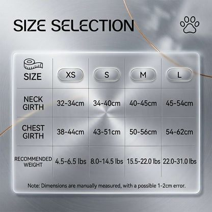 Size selection chart for the dog backpack harness, providing precise neck girth, chest girth, and recommended weight from XS to L.