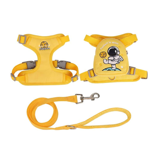 Dog Backpack Harness in a vibrant yellow color, featuring a cute astronaut design and a matching leash for stylish daily walks.