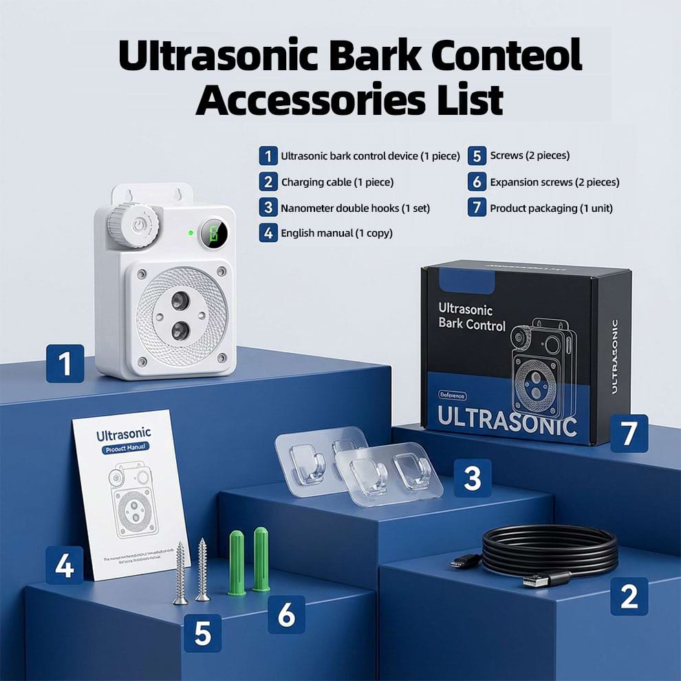 Complete Anti Barking Device package list including the Dog Bark Deterrent unit, USB charging cable, mounting screws, and user manual.