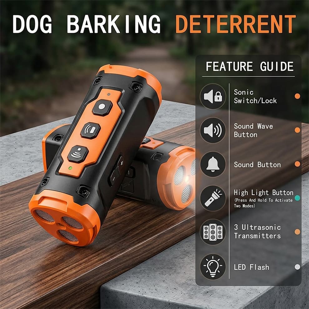 Dog Barking Deterrent feature guide detailing the sonic switch, sound wave buttons, LED flash, and 3 ultrasonic transmitters.