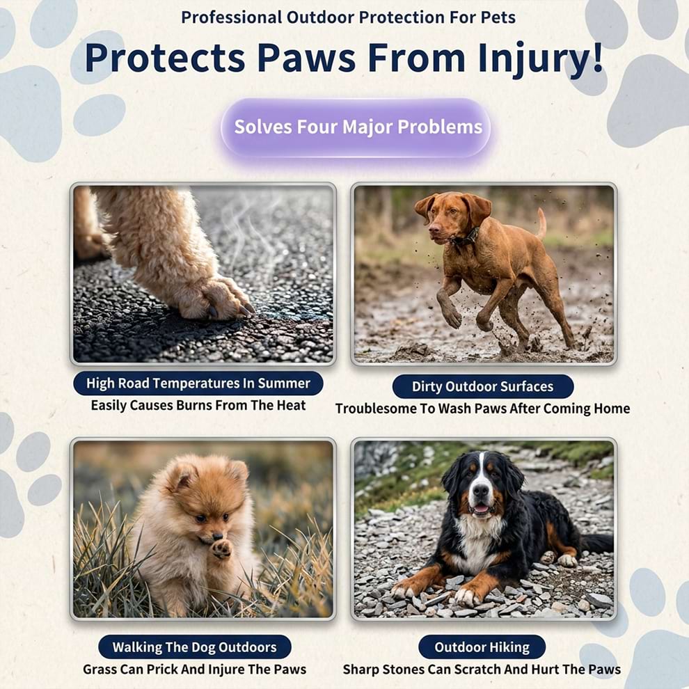 Dog booties for hot pavement and hiking, effectively protecting paws from summer heat burns, dirty surfaces, sharp stones, and grass pricks.