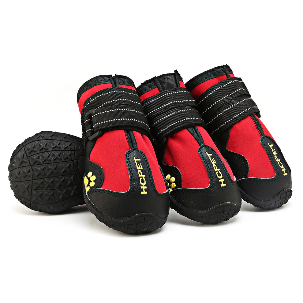 Dog boots for large dogs in red and black, featuring a rugged anti-slip sole and dual reflective straps for secure fit.