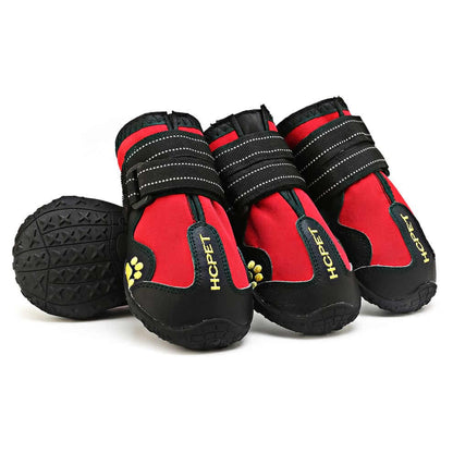Dog boots for large dogs in red and black, featuring a rugged anti-slip sole and dual reflective straps for secure fit.