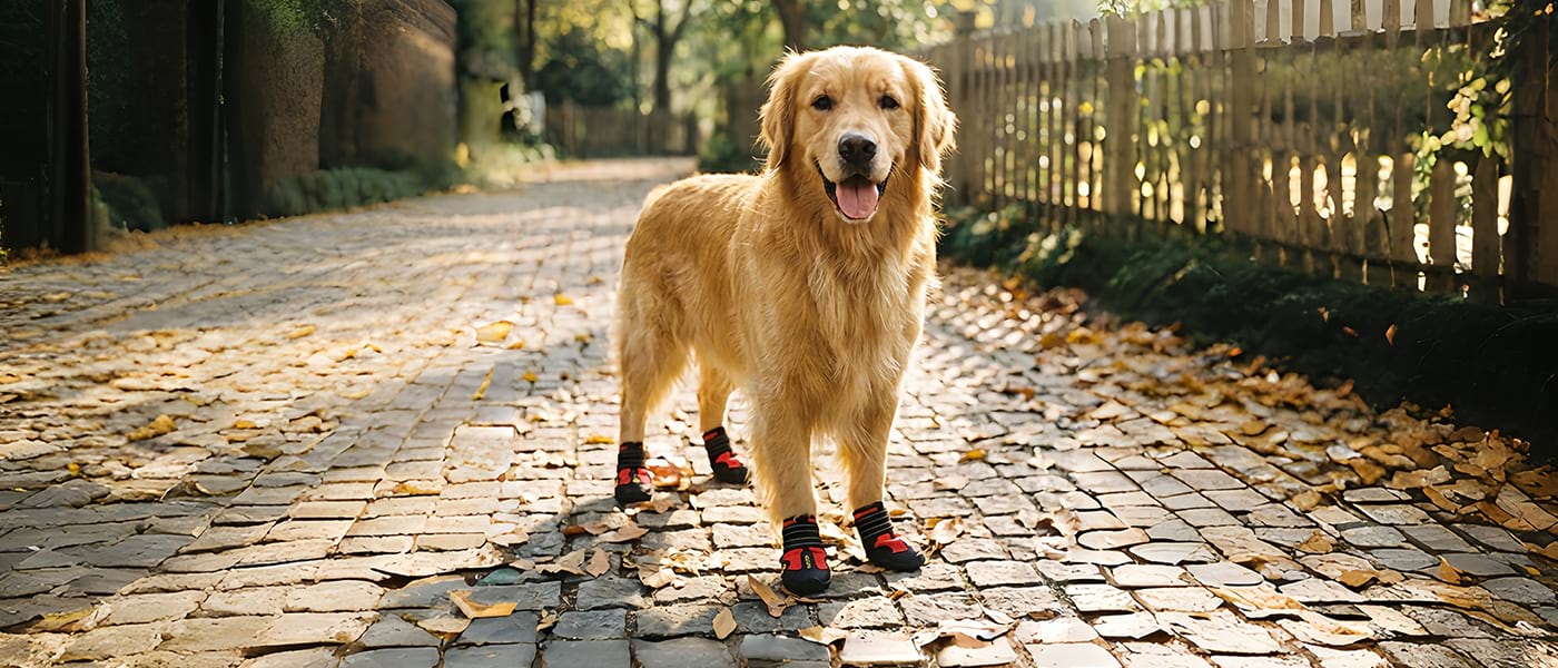 Dog boots for large dogs in red and black worn by a Golden Retriever on a cobblestone path, showing style and protection.