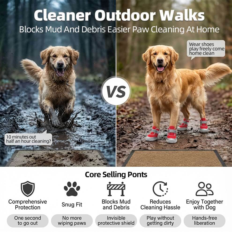 Comparison of clean paws vs dirty paws, showing how boots block mud and debris.