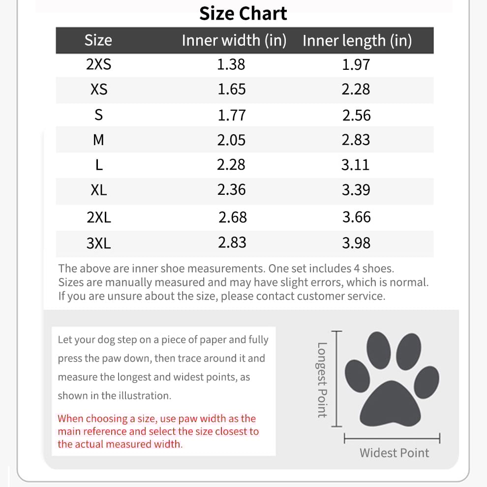 Size chart and measurement guide for High Top Dog Boots to ensure the perfect fit for paw width and length.
