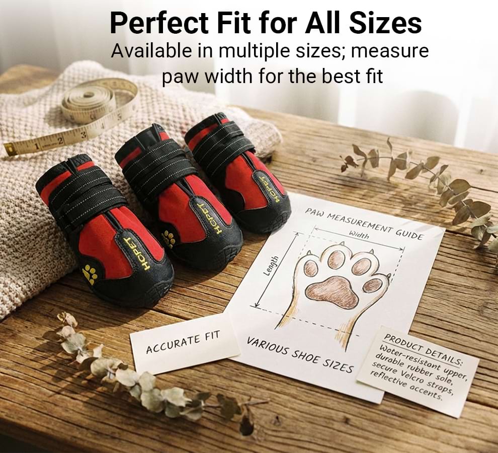 Size guide for dog boots for large dogs showing how to measure paw width and length for an accurate fit.