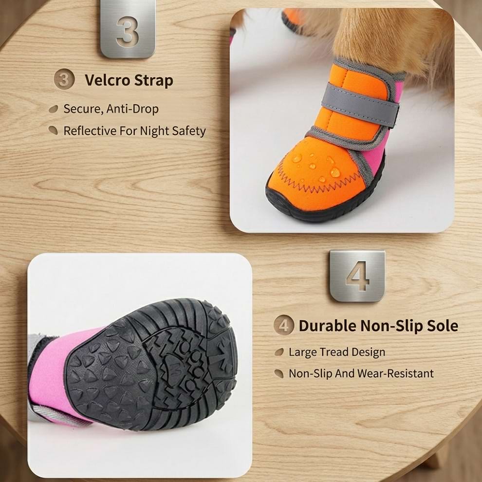 Dog boots that stay on securely with anti-drop velcro straps, combined with a large tread non-slip sole for maximum wear resistance.