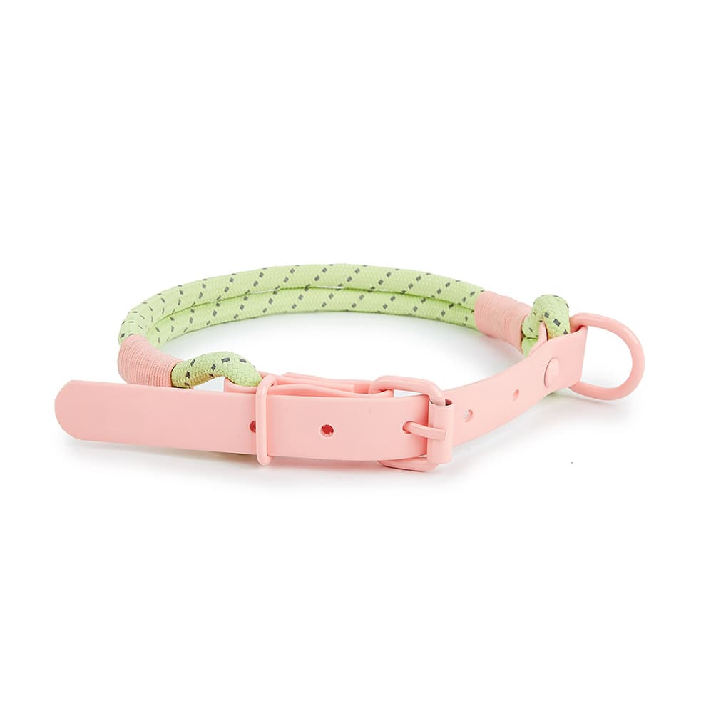 Reflective dog collar in peach and green, PVC + nylon safety strap