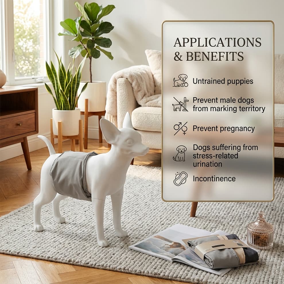 Dog diapers applications and benefits guide, illustrating how they help with untrained puppies, marking, heat cycles, and incontinence.