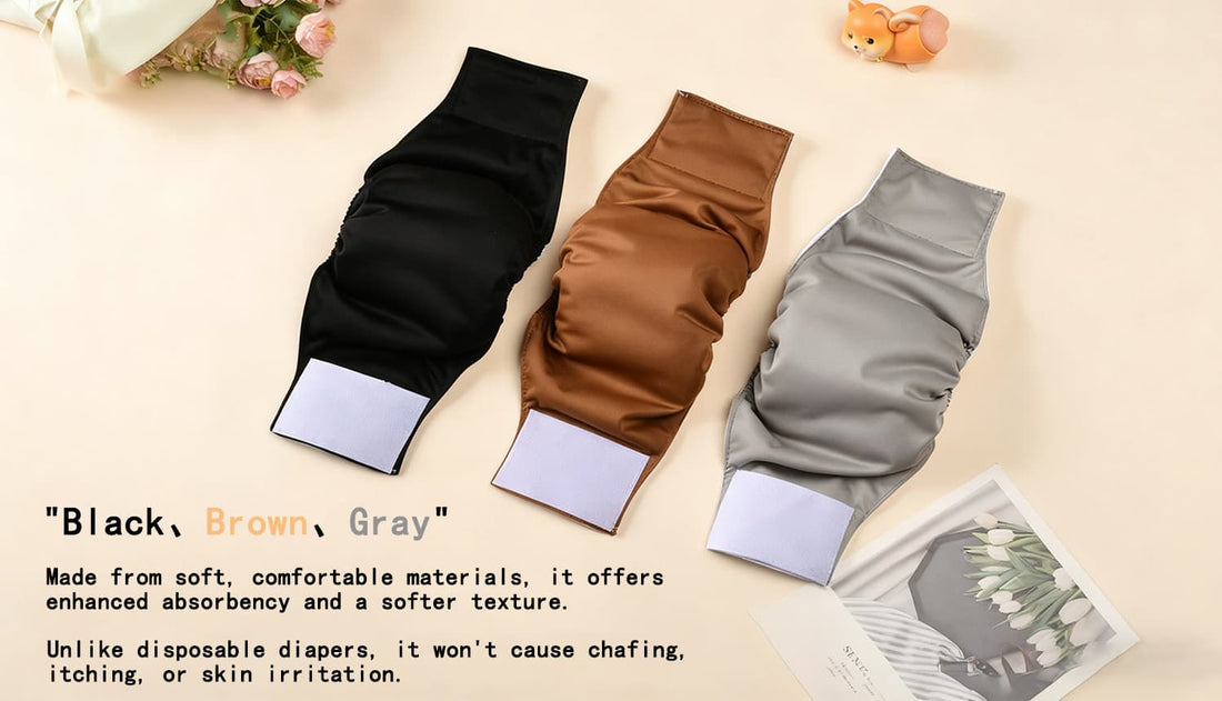 Dog diapers in black, brown, and gray colors with soft washable fabric