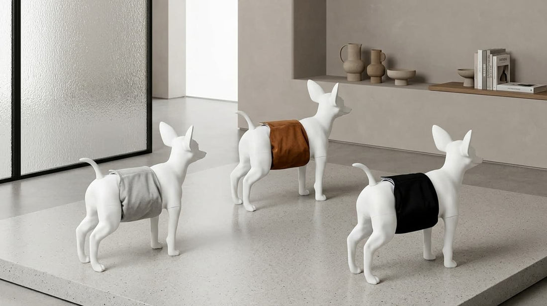 Dog diapers perfectly fitted on dog mannequins, showcasing the secure, anti-slip design that moves naturally with your pet.