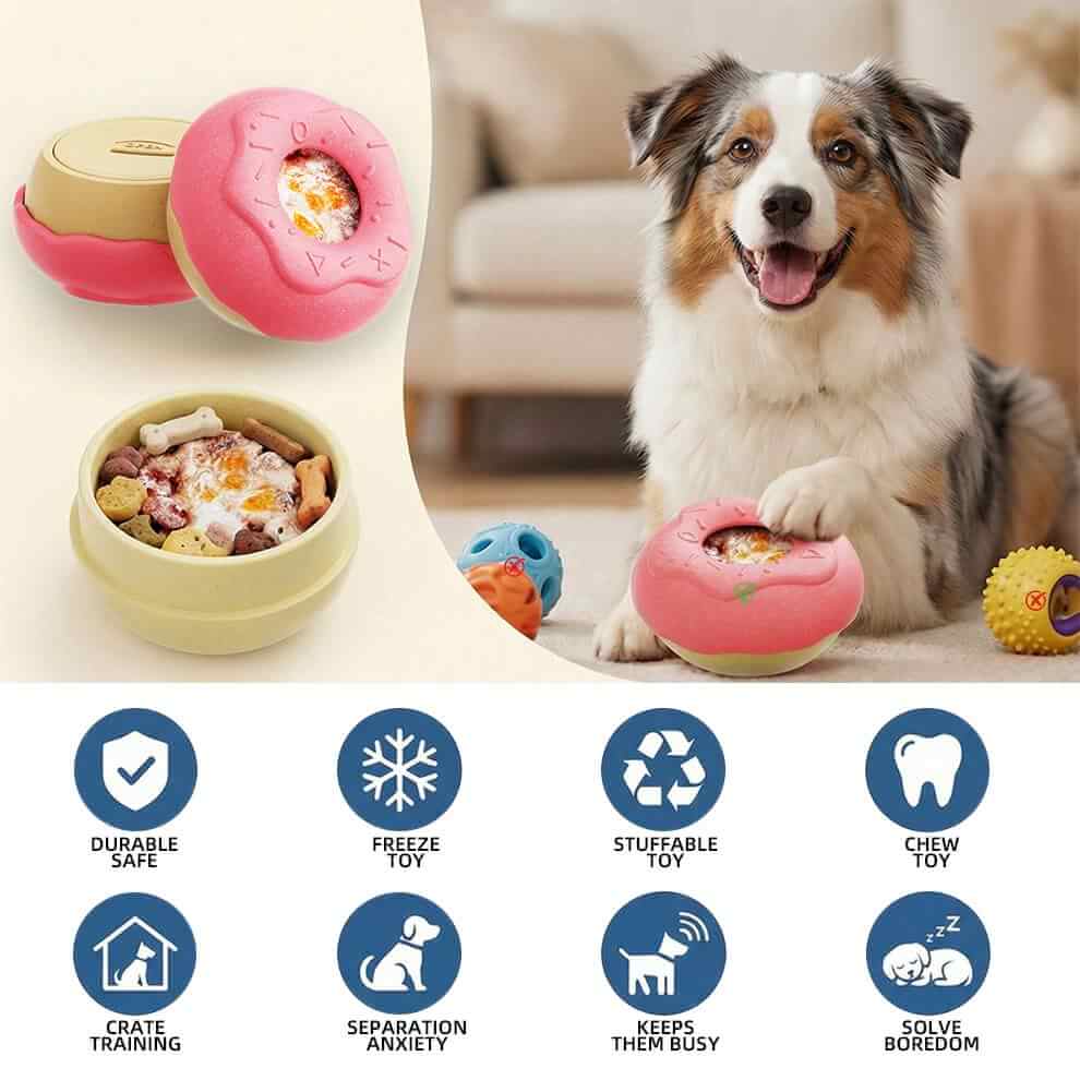 Infographic showing features of dog enrichment toys: durable, freezable, and safe.