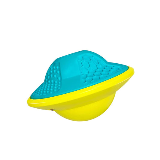 Dog food dispenser toy in a fun blue and yellow UFO shape, made from durable ABS material for long-lasting interactive play.
