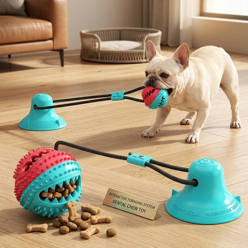 Dog food puzzle toy acting as an interactive foraging system, keeping a French Bulldog mentally stimulated and entertained.