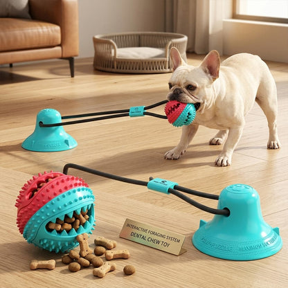 Dog food puzzle toy acting as an interactive foraging system, keeping a French Bulldog mentally stimulated and entertained.
