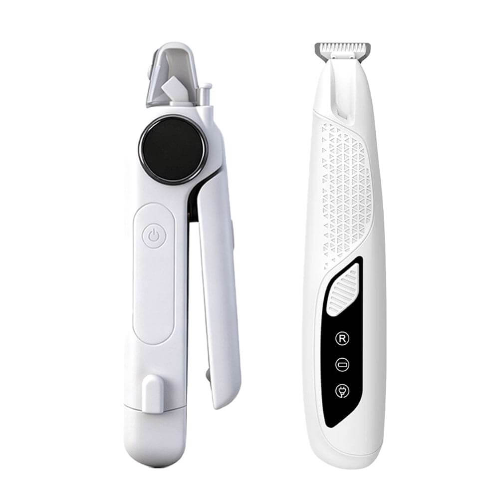 Complete Dog Grooming Kit for Beginners featuring a manual safety clipper and an electric grinder with LED light for stress-free home care.