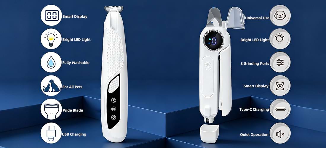 Technical breakdown of the Dog Grooming Kit for Beginners, highlighting the smart display, waterproof body, quiet motor, and bright LED safety lights for stress-free care.