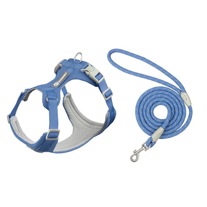 Dog harness and leash set in blue with breathable mesh and matching leash