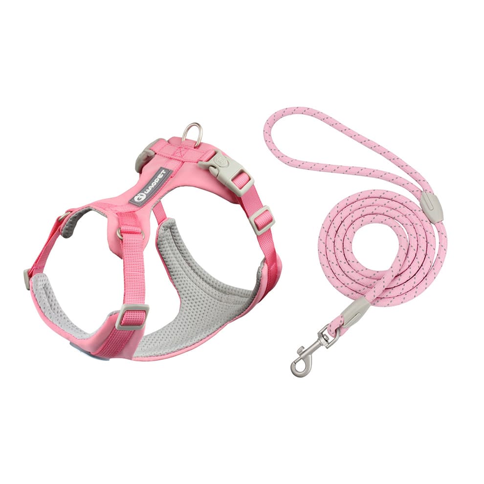 Dog harness and leash set in pink with soft padded harness and leash