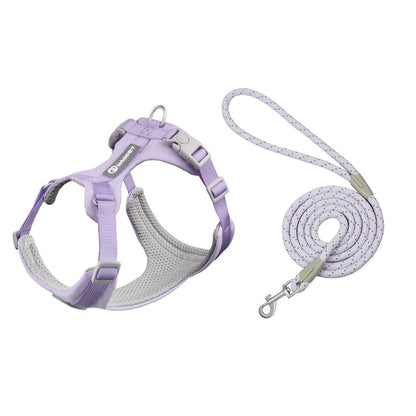 Dog harness and leash set in purple with reflective details and leash