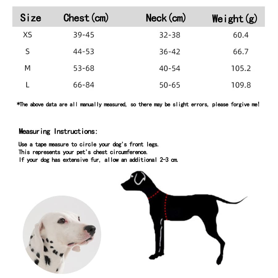 Dog harness and leash set size chart with chest neck measurements and dog measuring instructions